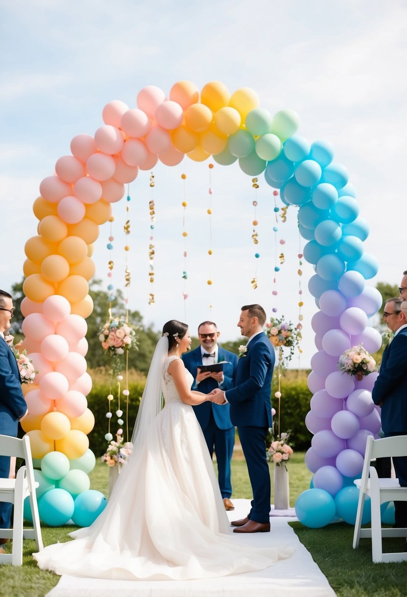 A pastel rainbow balloon arch frames a wedding ceremony, creating a whimsical and joyful atmosphere