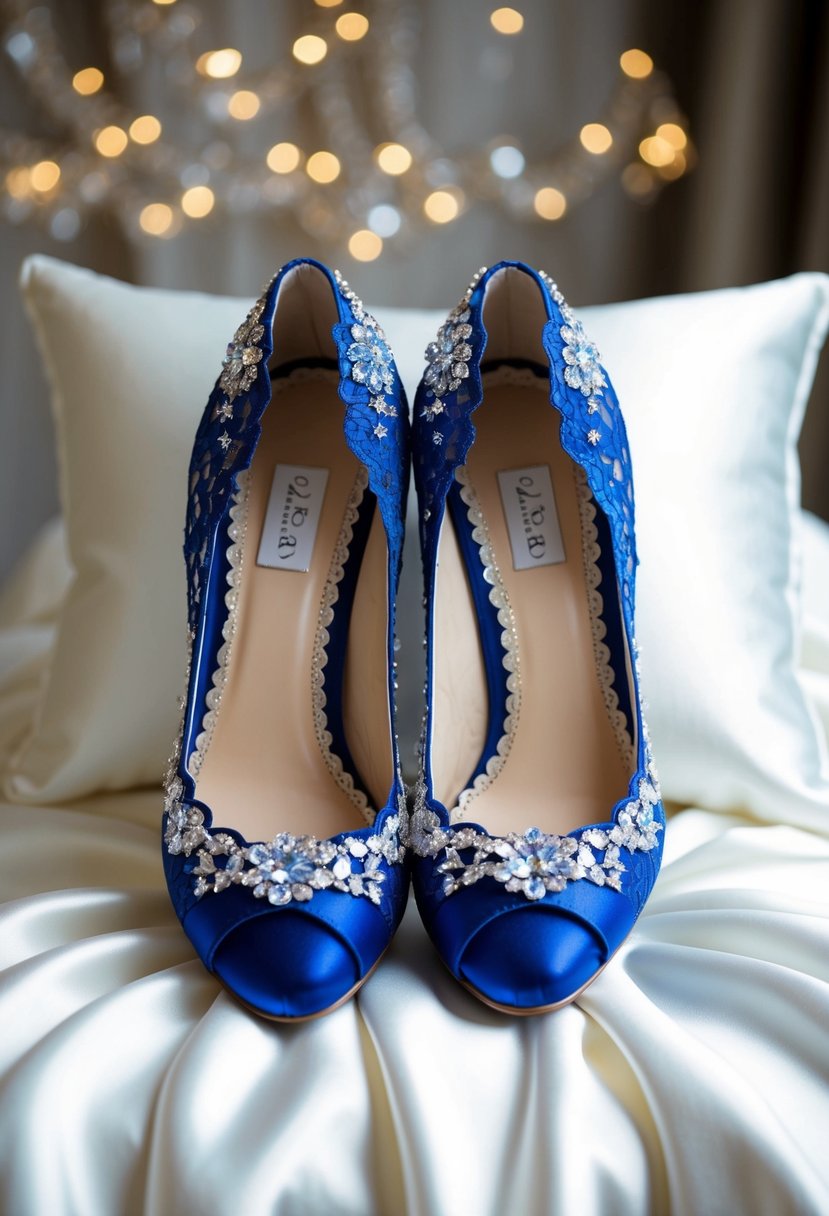 A pair of blue shoe soles adorned with delicate lace and shimmering crystals, placed on a pristine white satin pillow