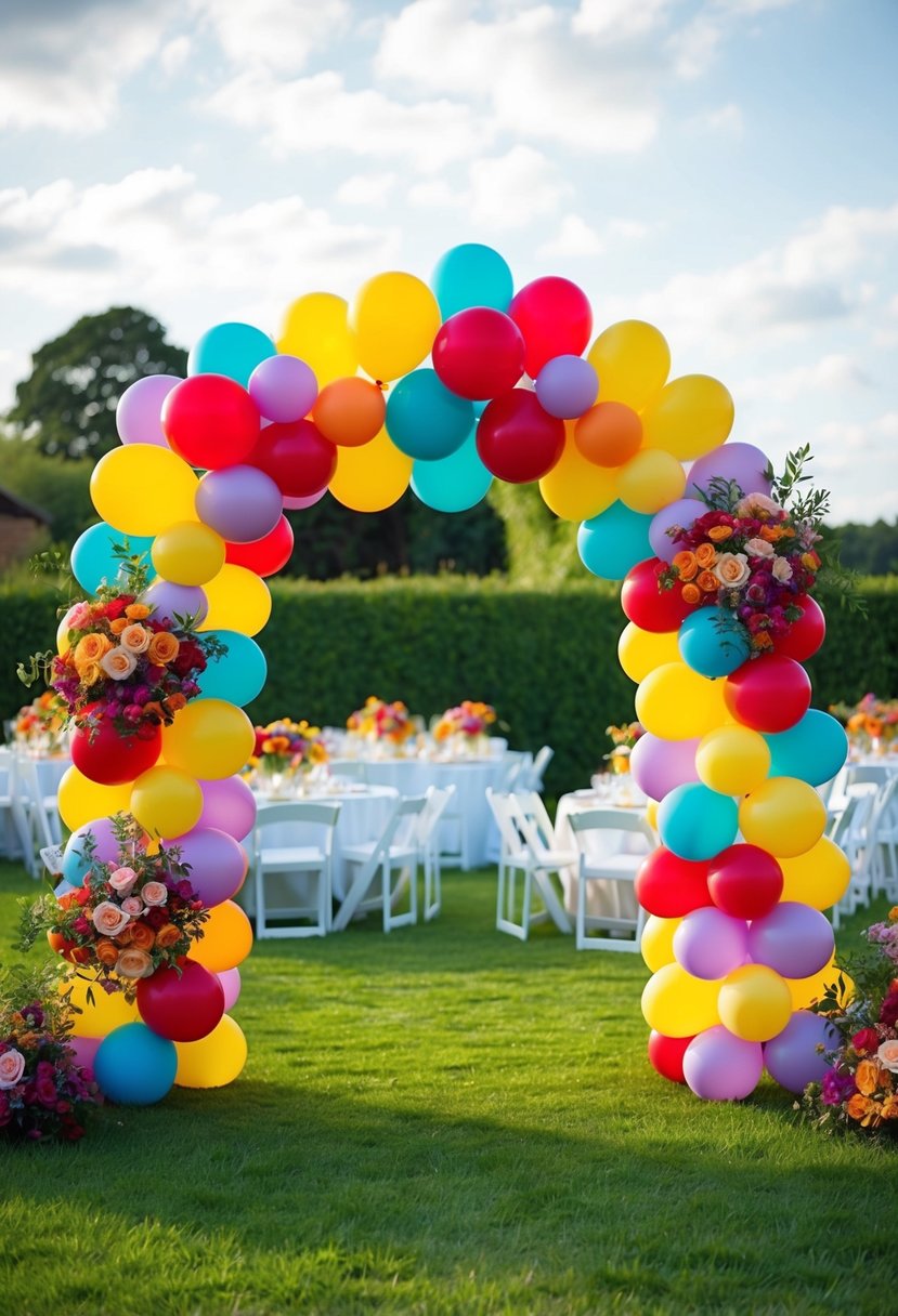 A colorful balloon arch frames a garden party, adorned with vibrant floral arrangements