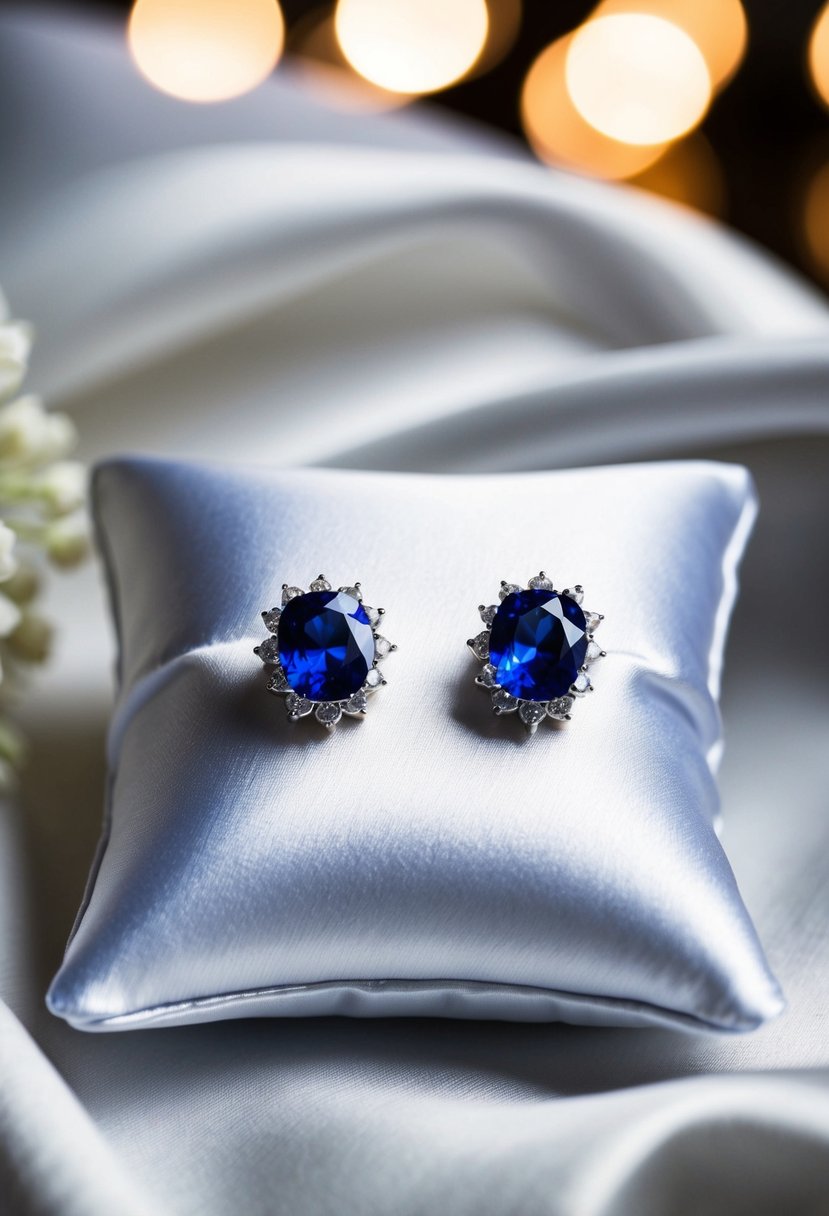 A pair of blue sapphire earrings displayed on a white satin pillow with soft, romantic lighting