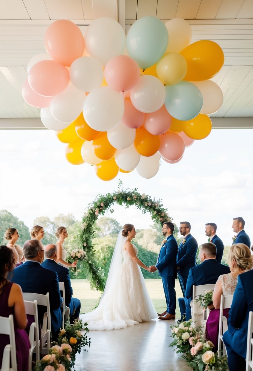 A whimsical balloon arch floats above a wedding ceremony, creating an illusion of weightlessness and celebration