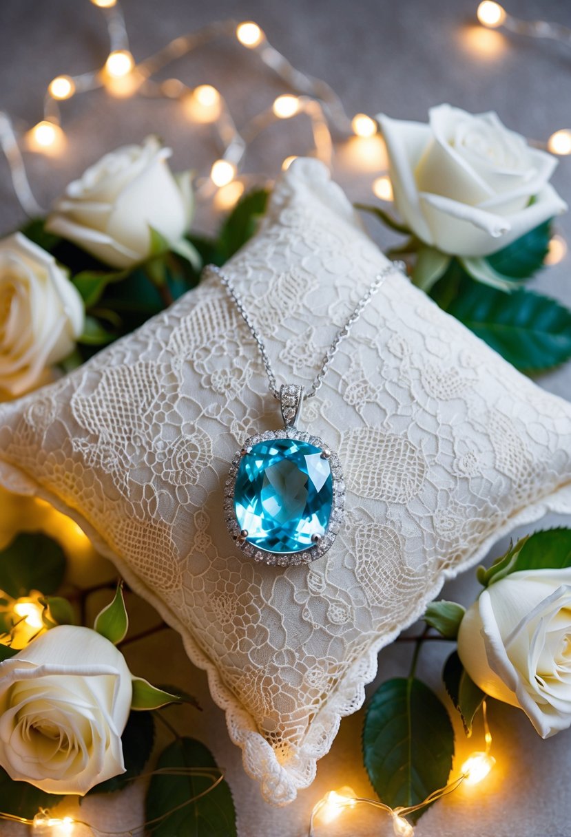 A sparkling aquamarine necklace rests on a delicate lace pillow, surrounded by white roses and glistening fairy lights