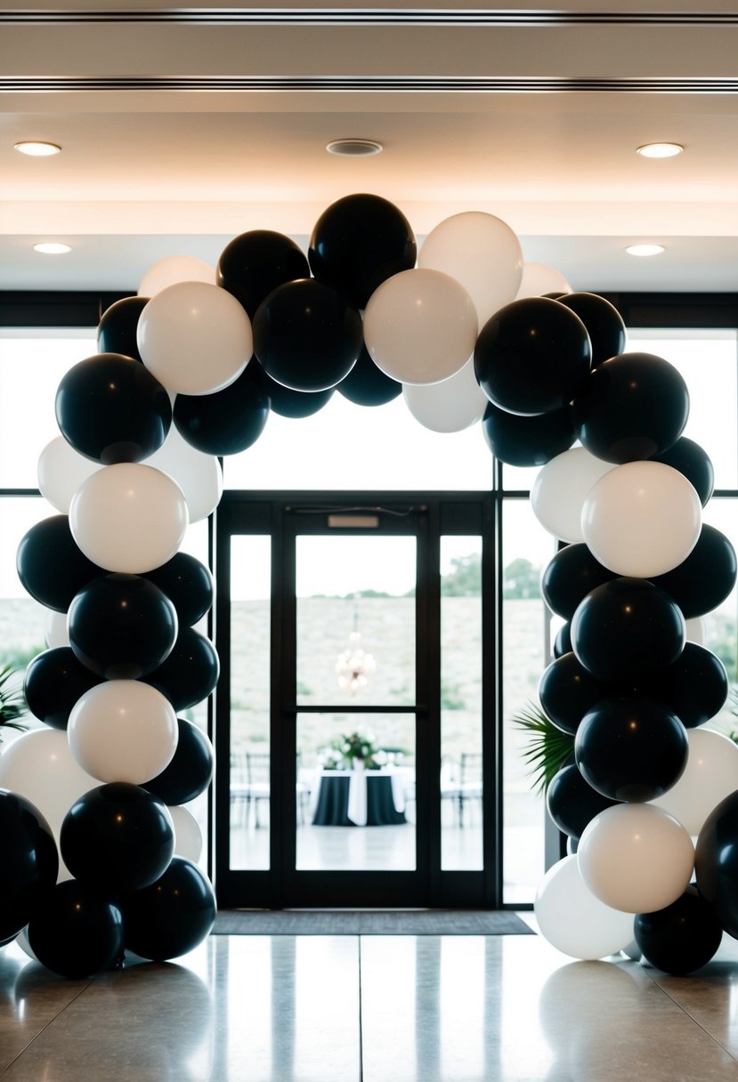 A sleek, modern black and white balloon arch frames the entrance to a wedding venue, creating a striking and elegant focal point