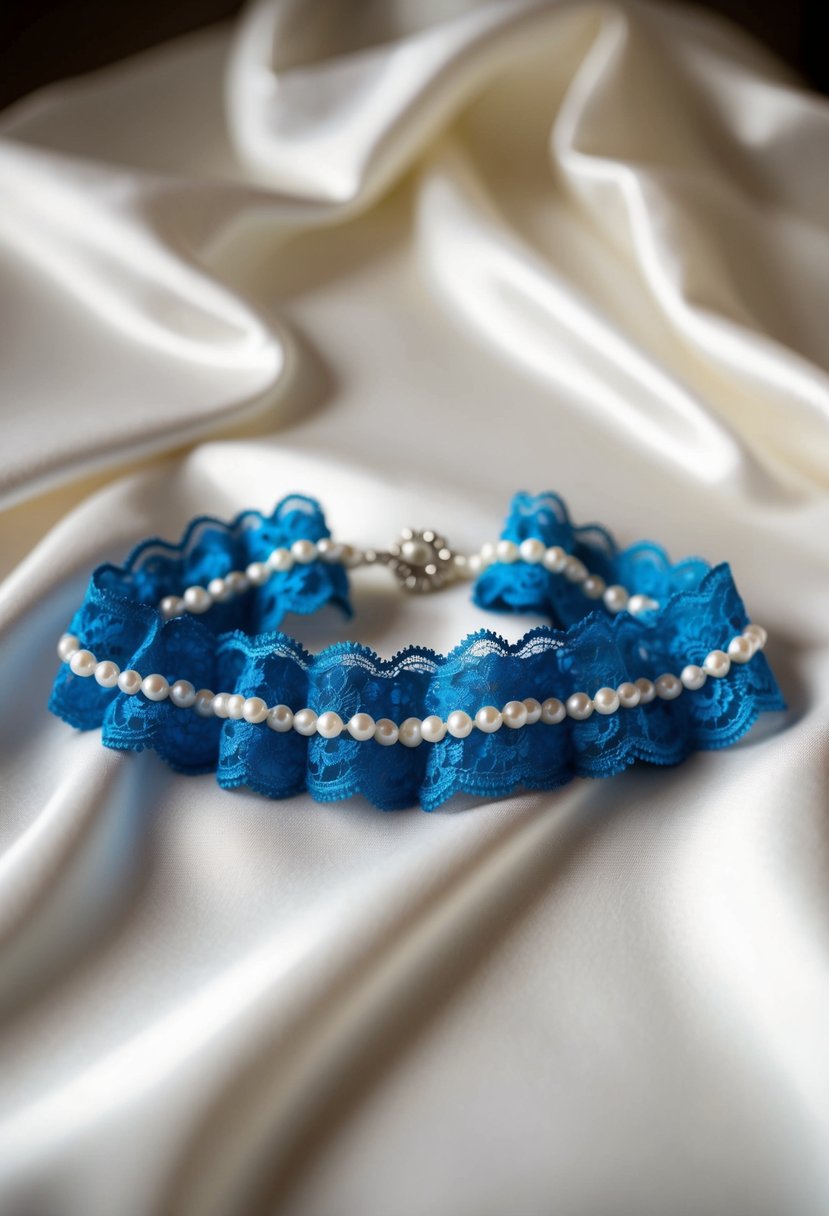 A delicate blue garter adorned with lace and small pearls, resting on a bed of white satin