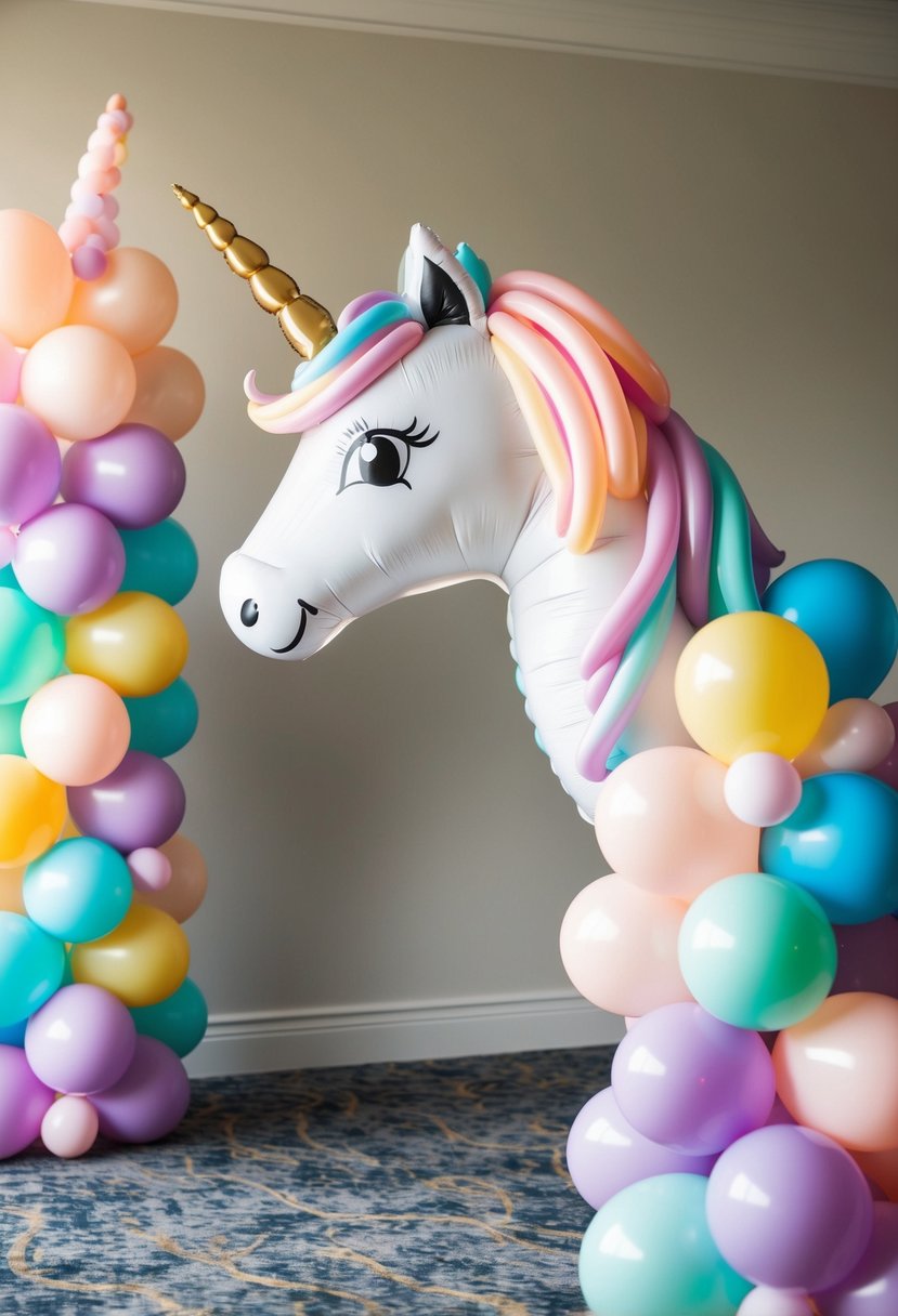 A colorful balloon arch in the shape of a unicorn with whimsical details and pastel colors, creating a magical and enchanting atmosphere for a wedding celebration