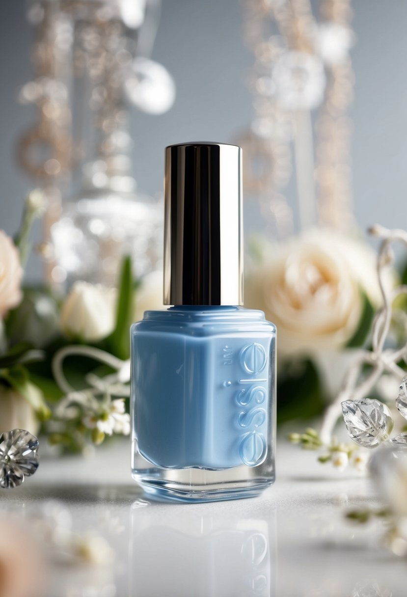 A light blue nail polish bottle surrounded by delicate wedding decor