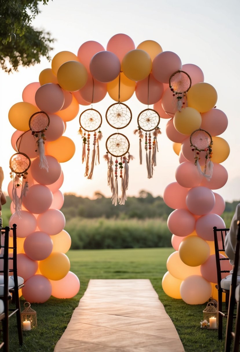 A whimsical balloon arch adorned with dreamcatchers and bohemian elements, creating a romantic and enchanting atmosphere for a wedding celebration