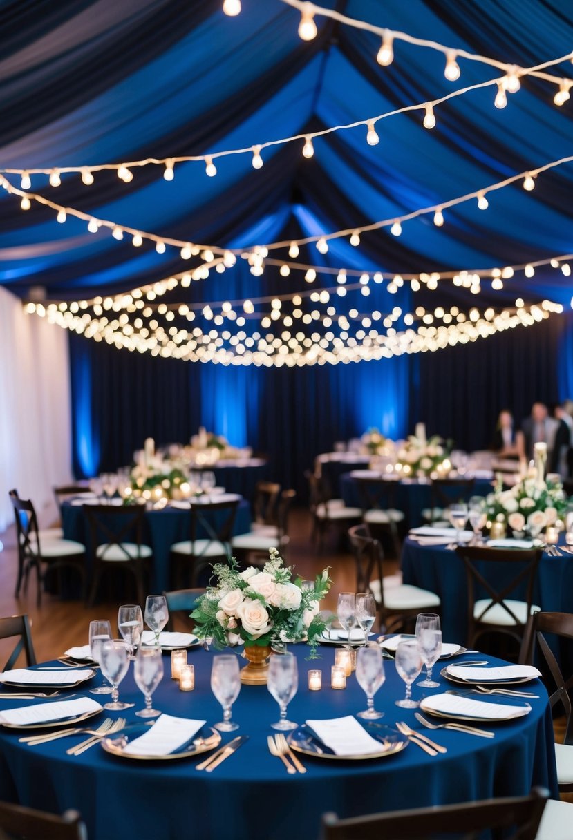 A navy blue wedding reception with elegant table settings, floral centerpieces, and twinkling string lights creating a romantic ambiance