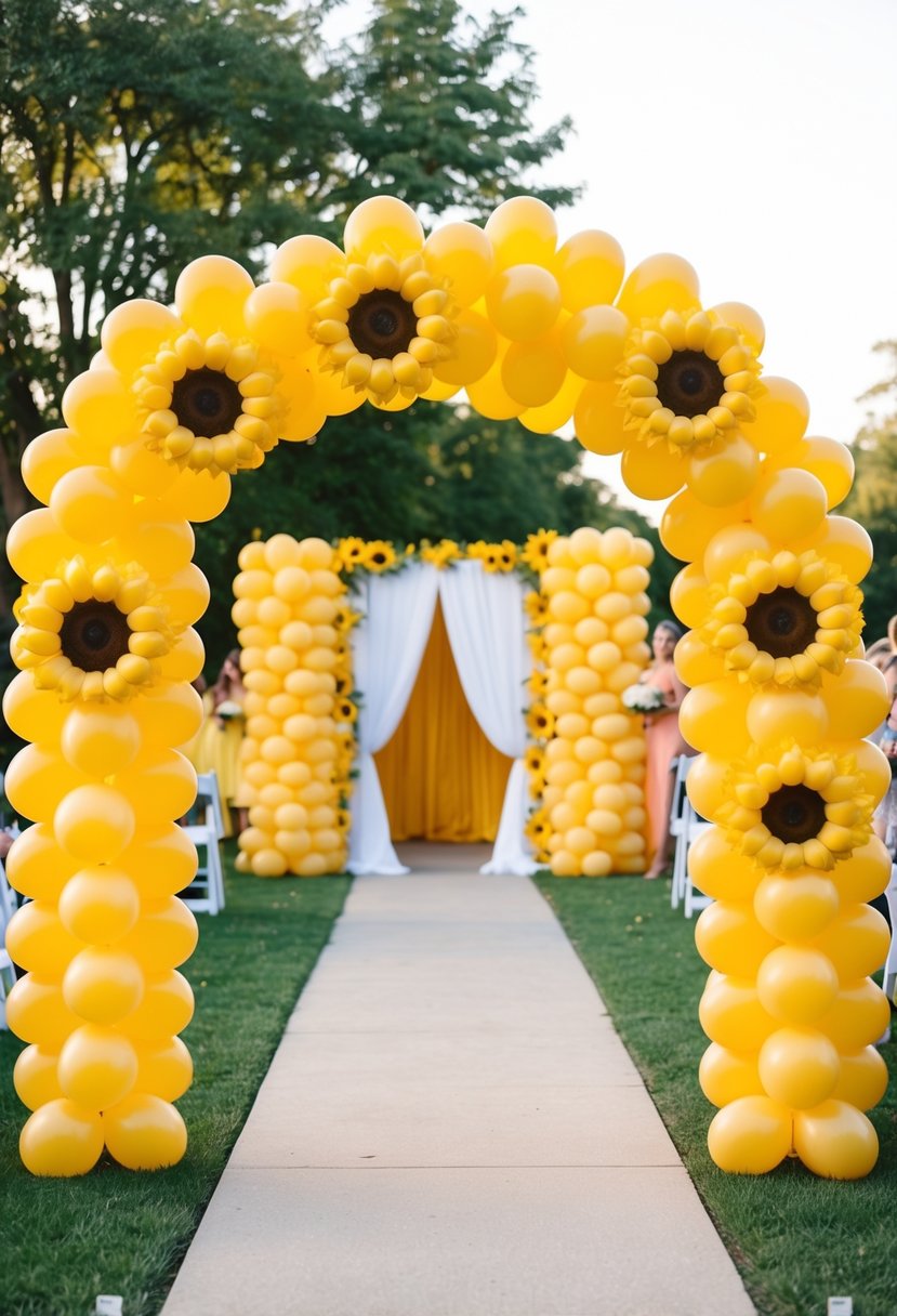 A vibrant sunflower yellow balloon arch frames the entrance of a summer wedding, adding a festive and cheerful touch to the outdoor celebration