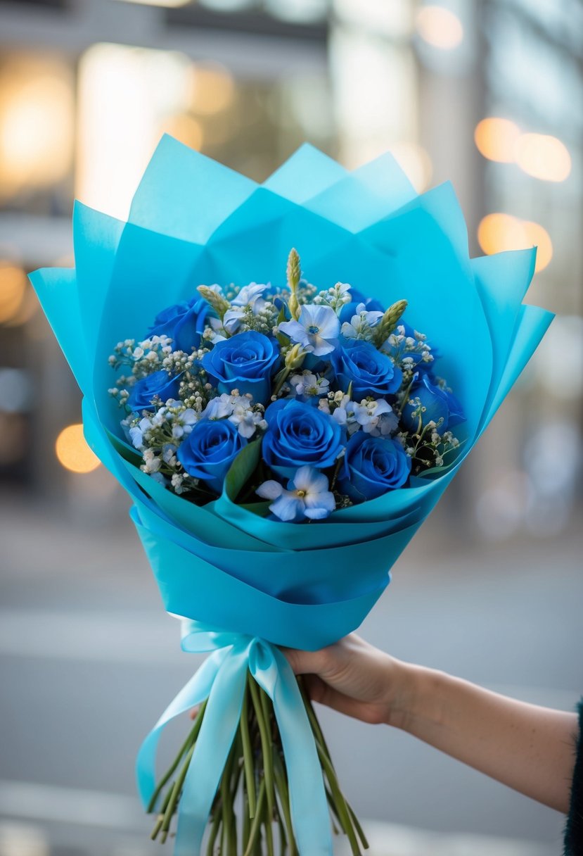 A hand-tied bouquet of blue flowers wrapped in delicate blue ribbon