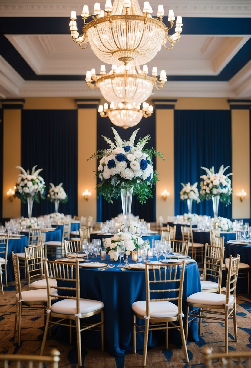 A grand ballroom adorned in navy blue and gold decor, with elegant chandeliers and modern floral arrangements