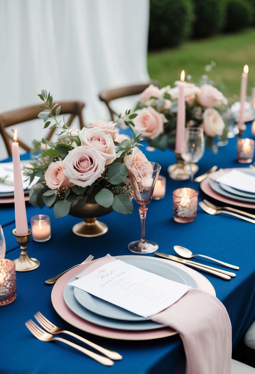 A navy blue wedding table adorned with dusty rose accents: roses, linens, and candles create a soft and romantic atmosphere