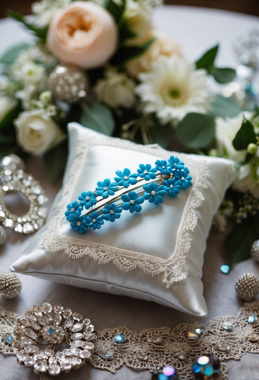 A delicate blue hairpin rests on a lace-trimmed satin pillow, surrounded by shimmering accessories and floral wedding decor