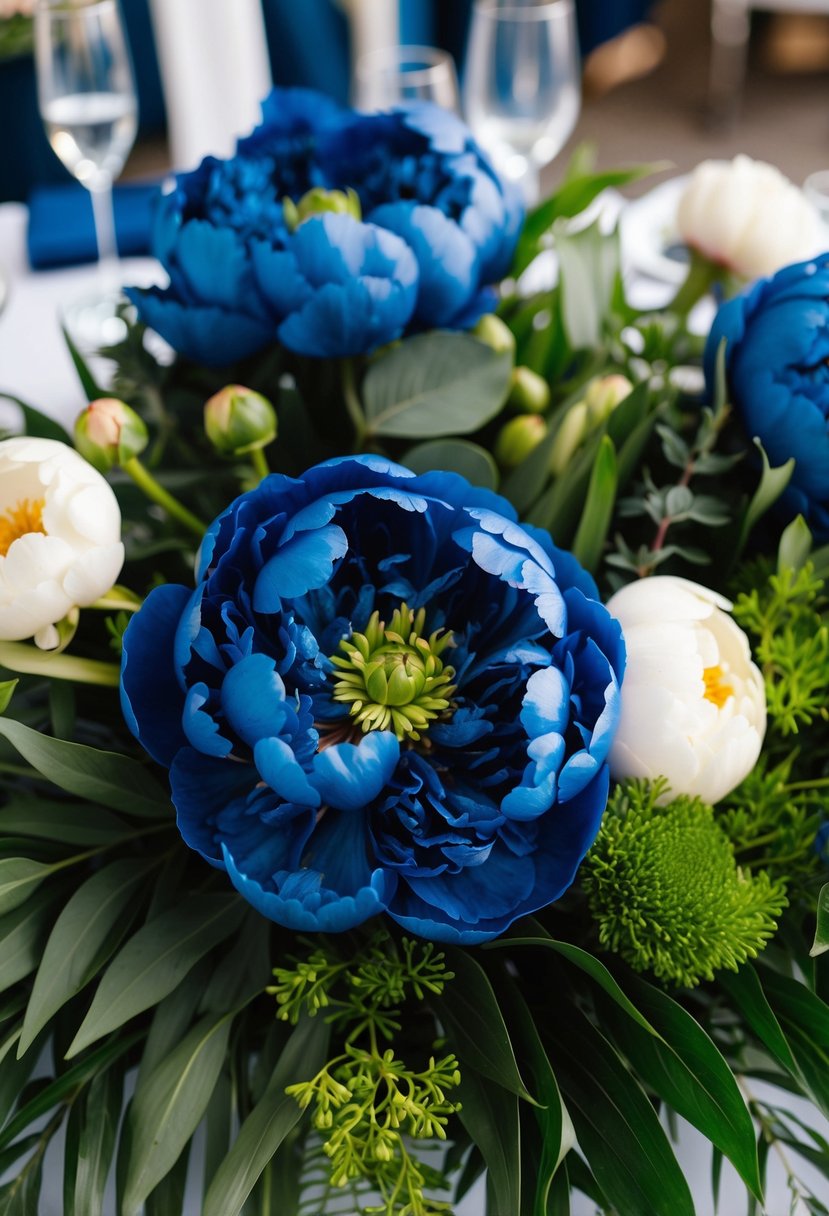 Navy blue peonies surrounded by lush greenery in a floral centerpiece for a navy blue-themed wedding