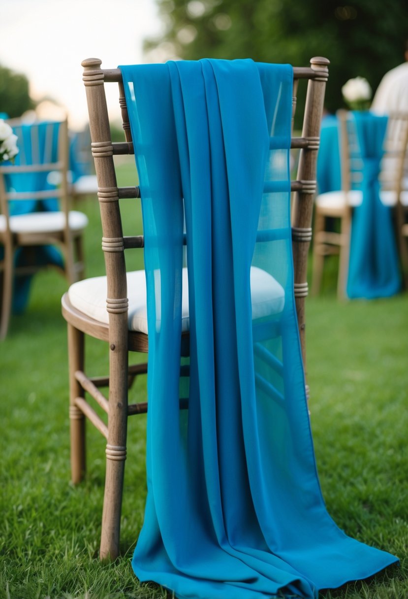 A flowing blue shawl draped over a rustic wooden chair at an outdoor wedding