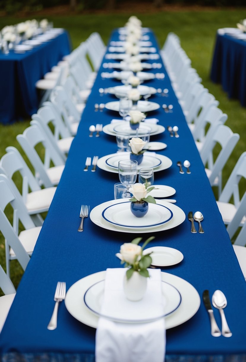 Blue tablecloths with white dinnerware arranged on top. Navy blue wedding decor ideas