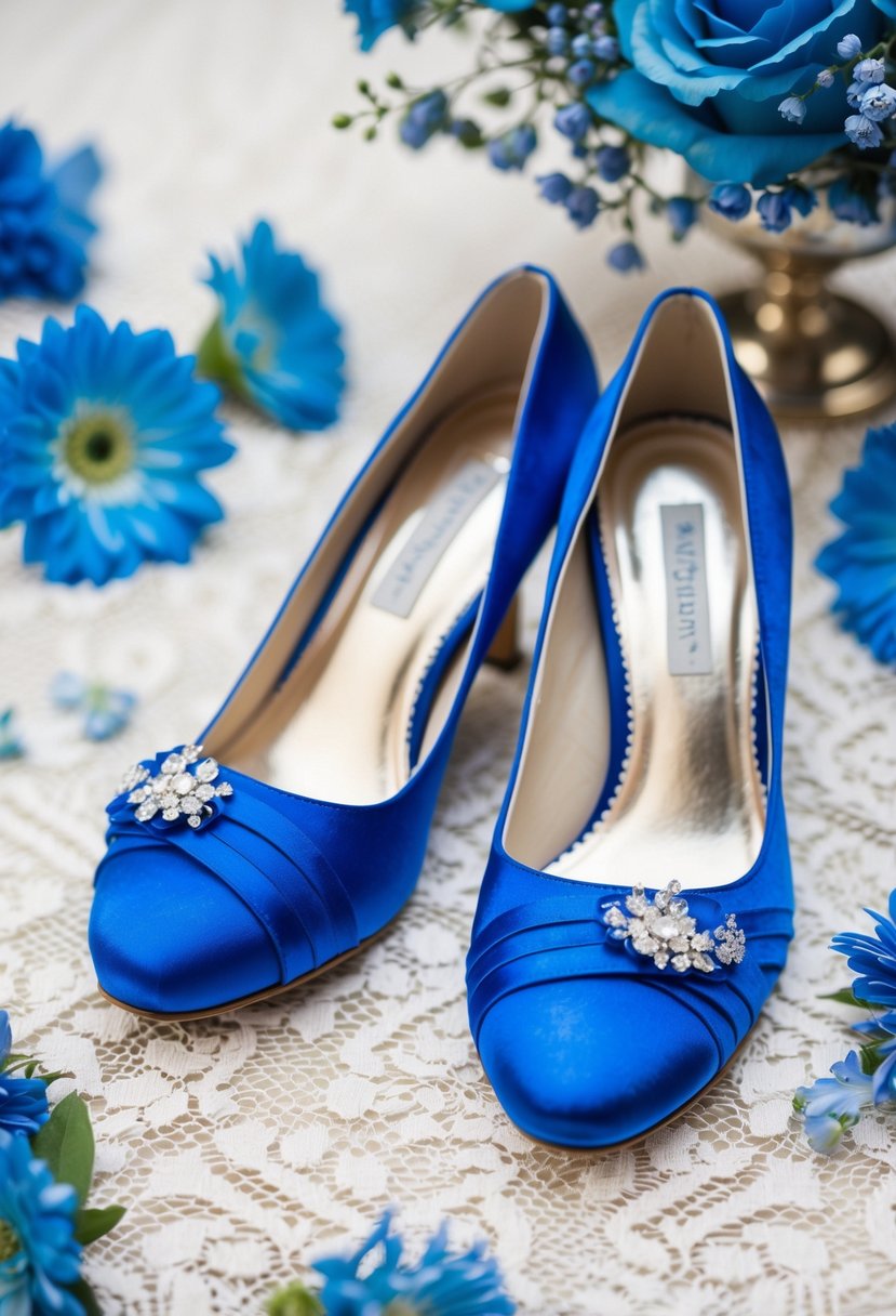 A pair of cobalt blue wedding shoes placed on a white lace tablecloth, surrounded by delicate blue flowers and silver accents