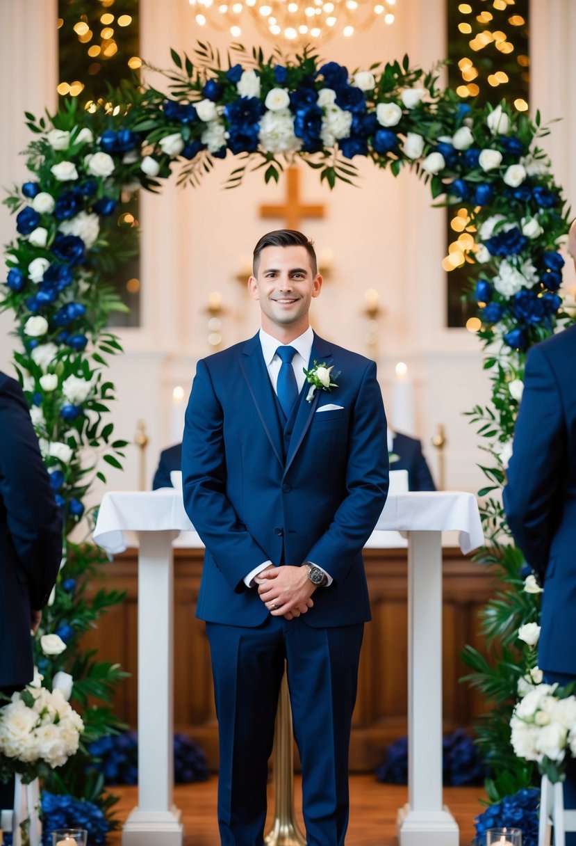 A groom in a navy suit stands at the altar, surrounded by navy blue floral arrangements and decor