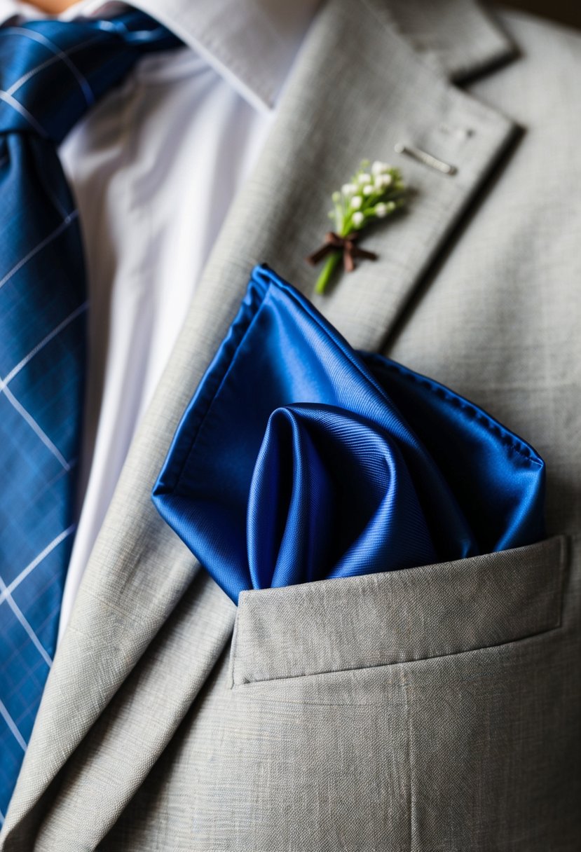 A blue pocket square neatly folded in a groom's suit jacket pocket