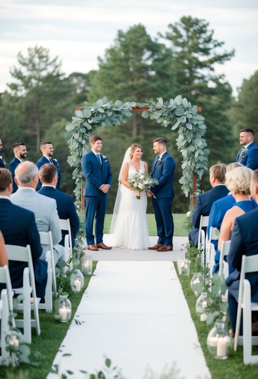 A serene outdoor wedding ceremony with sage green foliage and navy blue accents