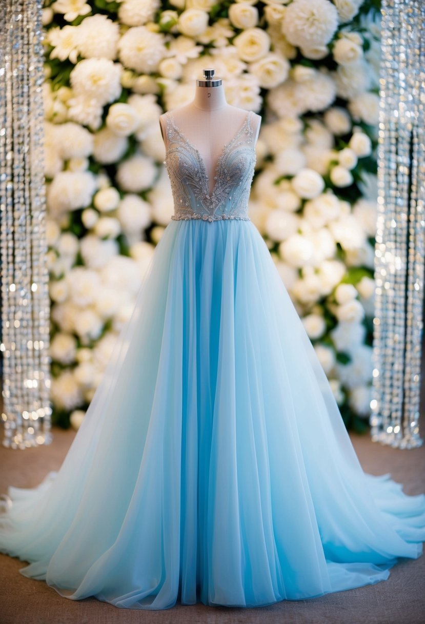 A flowing wedding dress with delicate blue lining, set against a backdrop of blooming white flowers and shimmering crystal accents