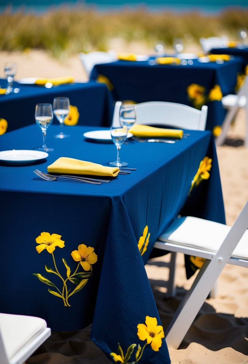 Navy tablecloths with yellow florals on a beach setting