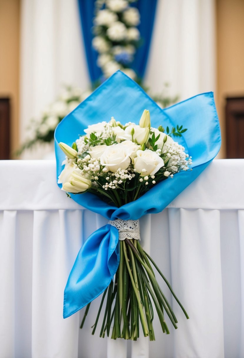 A cornflower blue handkerchief tied to a bouquet of white flowers at a wedding altar