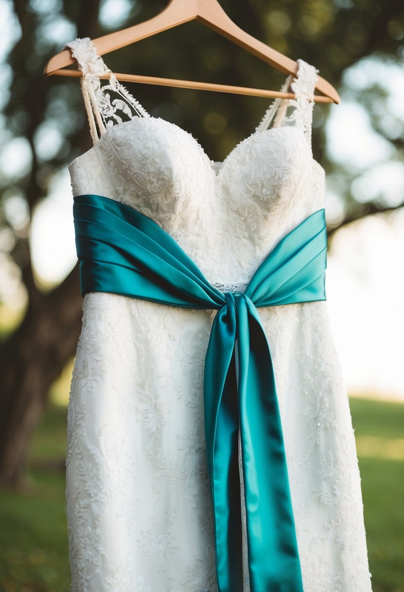 A wedding dress with a teal sash draped over a hanger