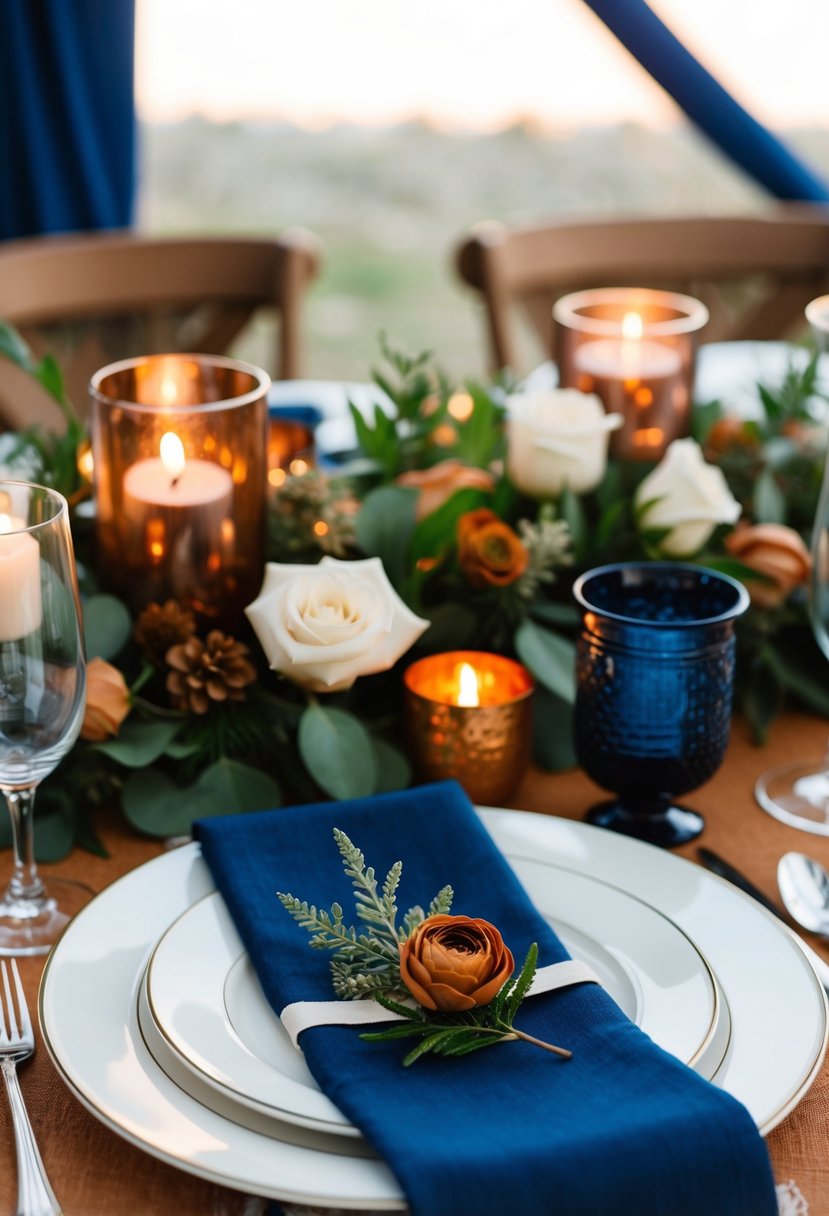 A cozy, rustic wedding setting with navy blue accents and warm rust-colored details