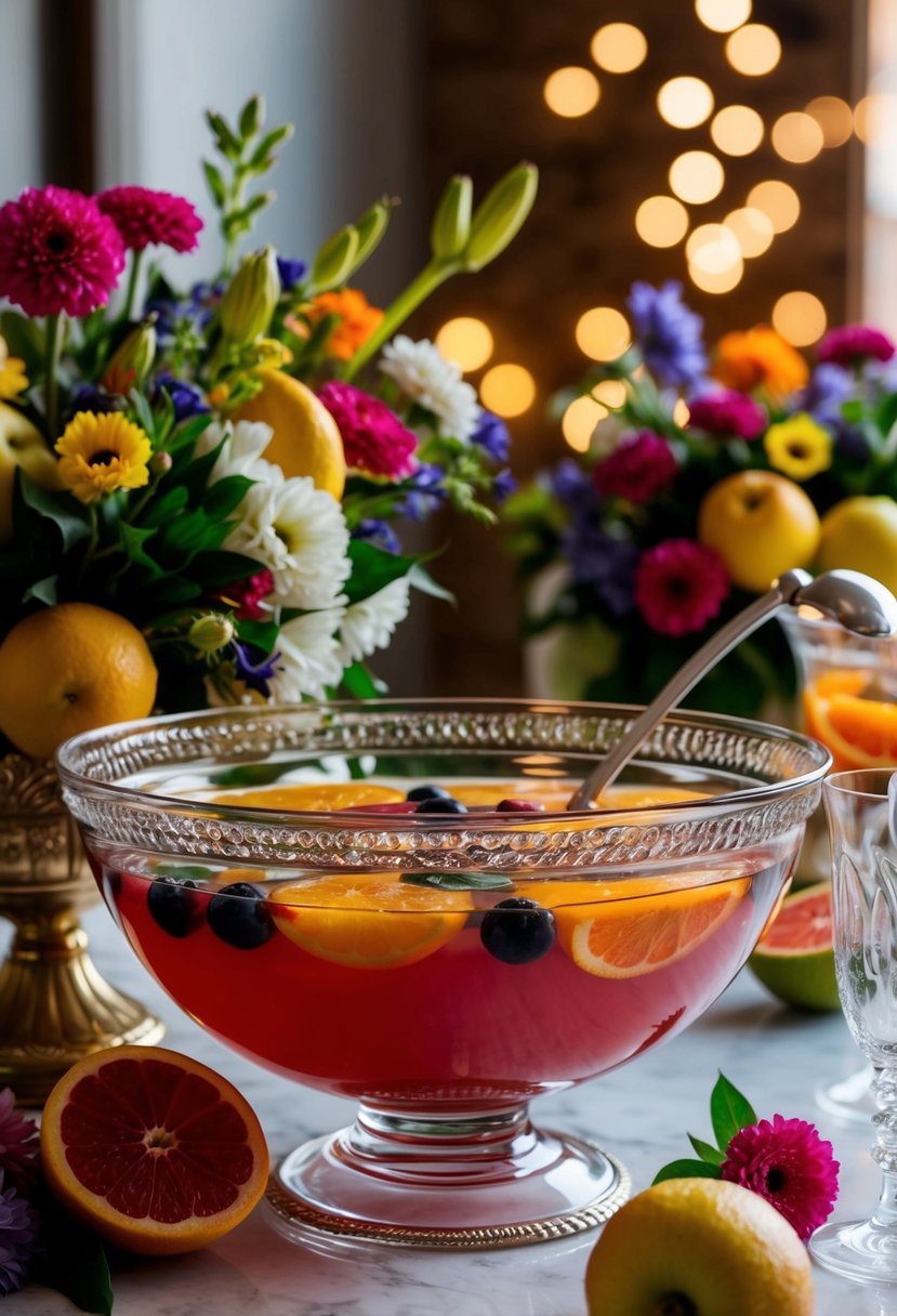 A decorative punch bowl surrounded by fresh fruit and colorful flowers, with elegant glassware and a ladle