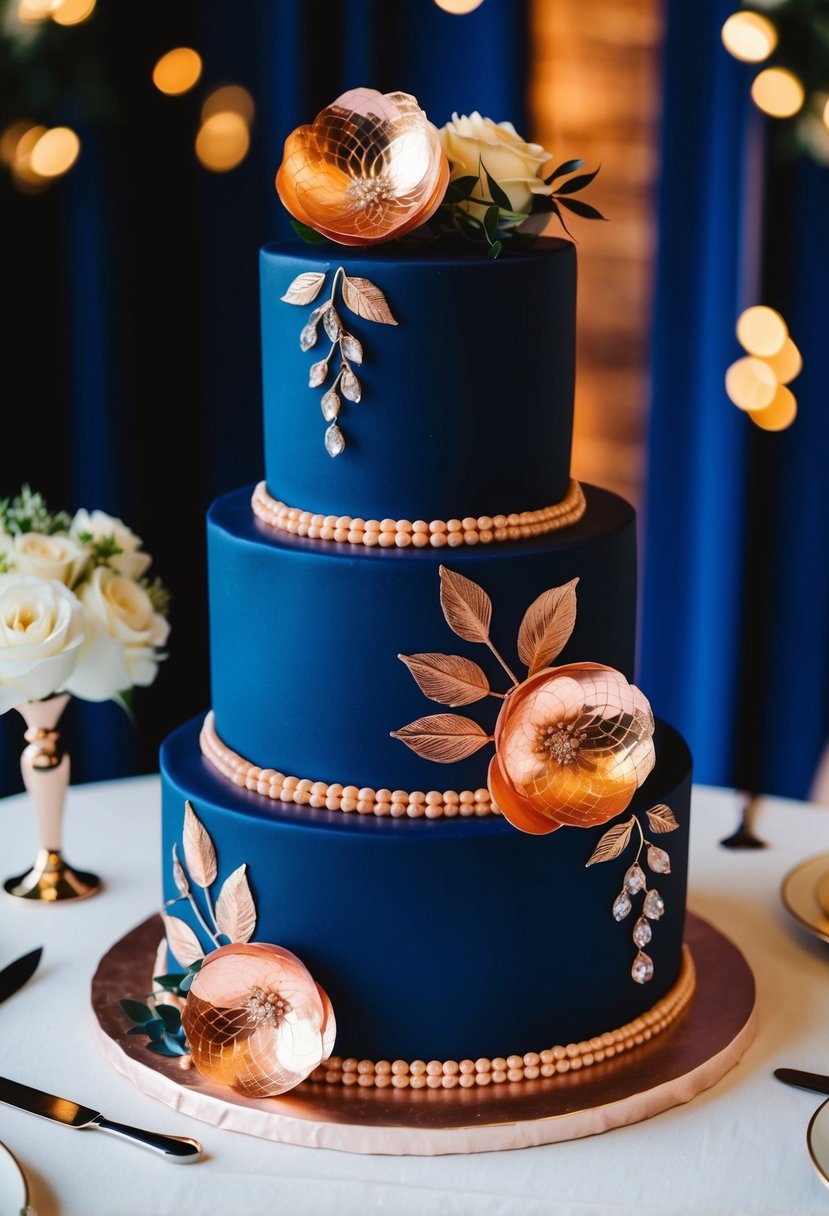 A navy blue wedding cake adorned with rose gold metallic accents and embellishments