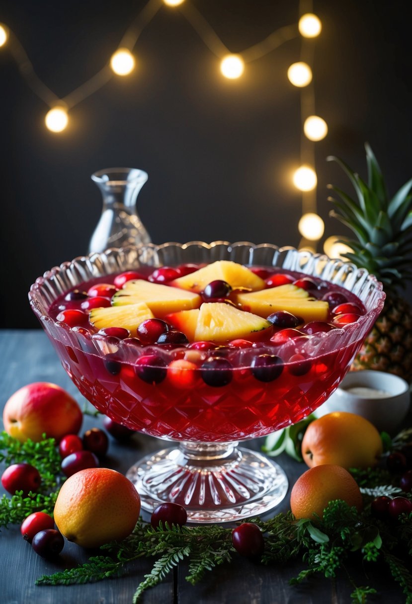 A large crystal punch bowl filled with vibrant red cranberry pineapple punch, surrounded by fresh fruit and decorative foliage