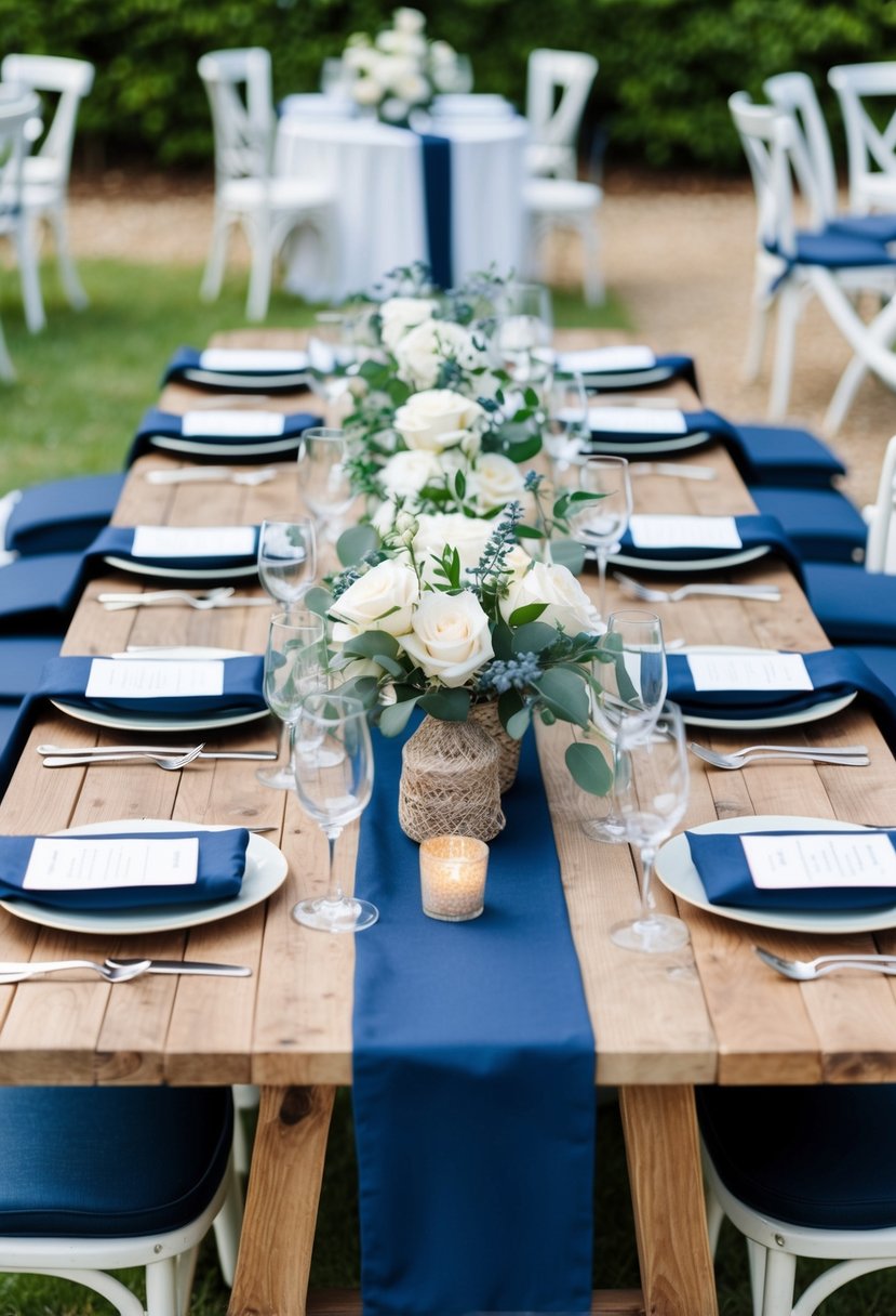 A wooden table adorned with rustic décor and navy linens, creating a charming and elegant setting for a navy blue wedding theme