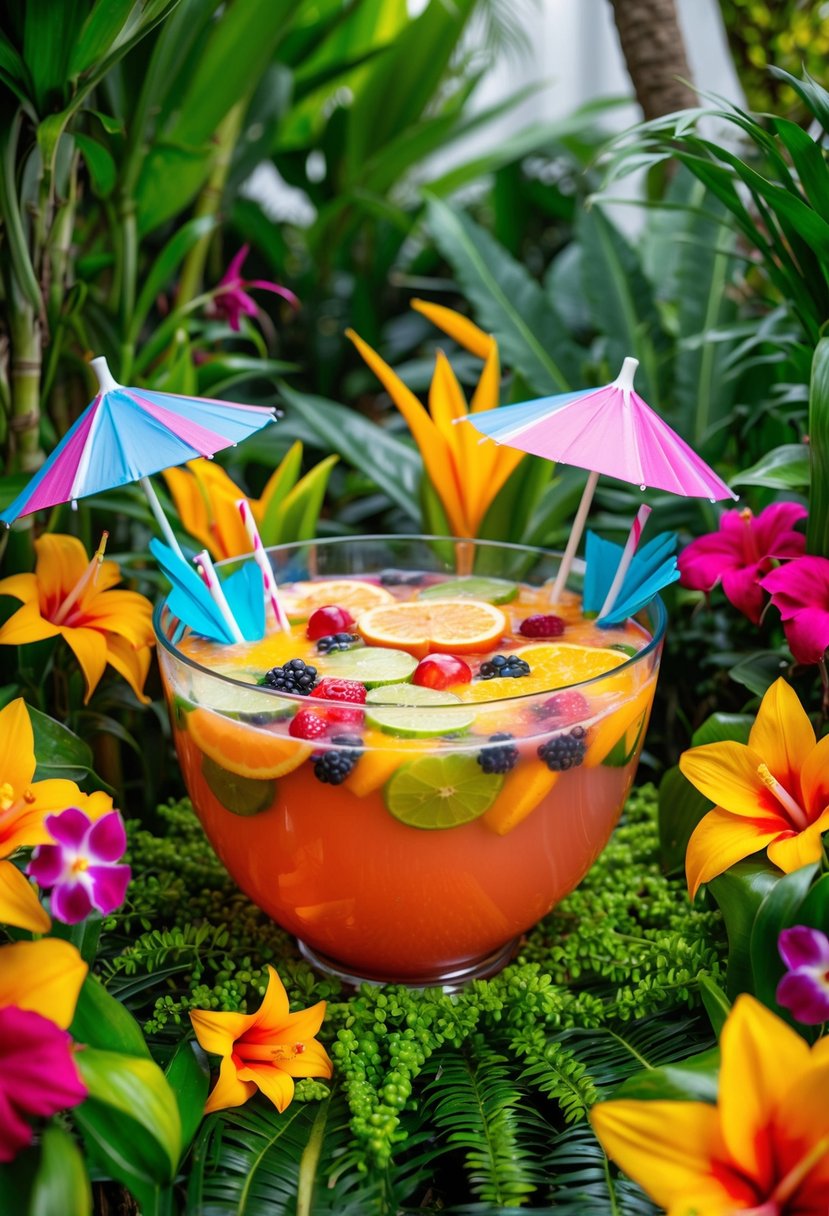 A colorful, tropical-themed punch bowl surrounded by lush greenery and vibrant flowers. The punch is filled with assorted fruits and garnished with umbrellas and straws