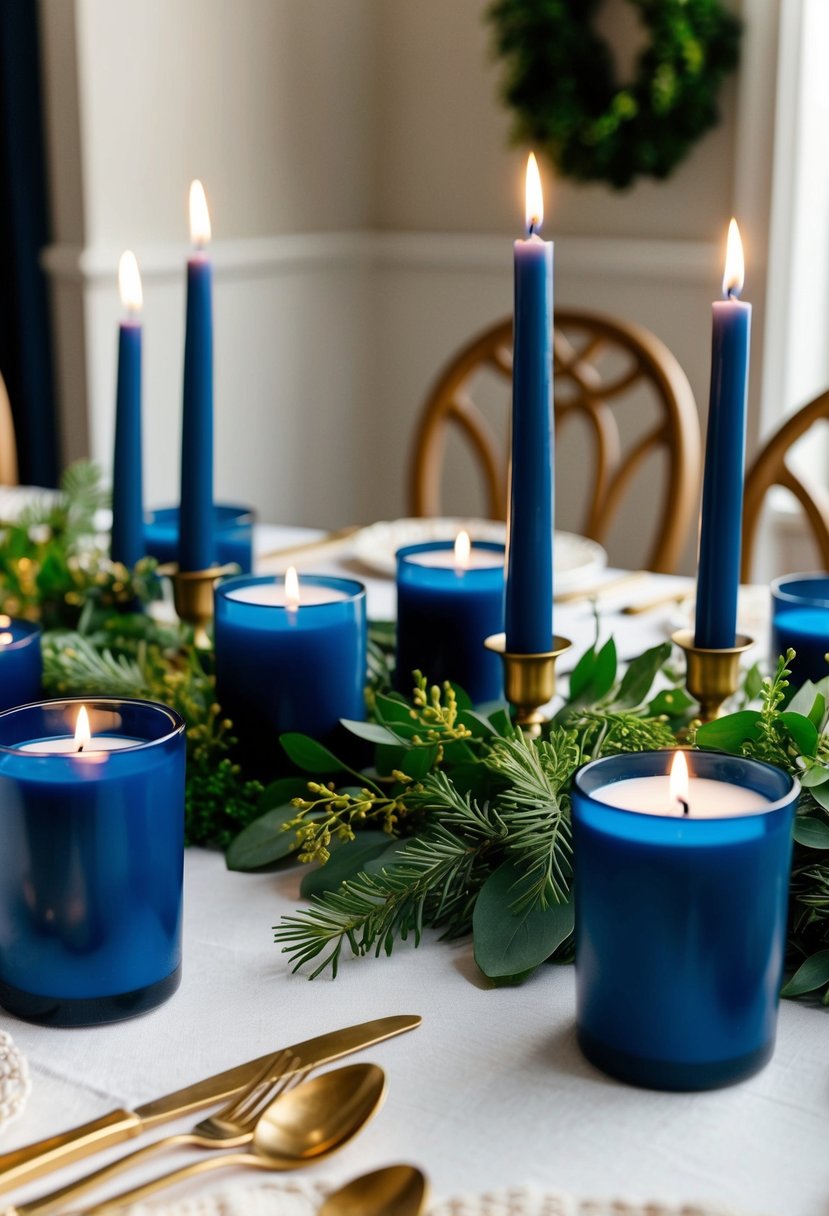 A table is adorned with navy blue candles and greenery, casting a warm and cozy atmosphere