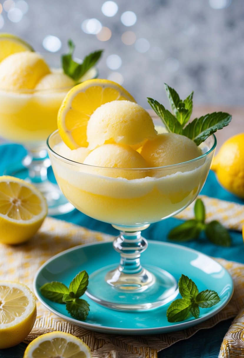 A glass bowl filled with lemon sorbet punch, surrounded by fresh lemon slices and mint leaves on a decorated table