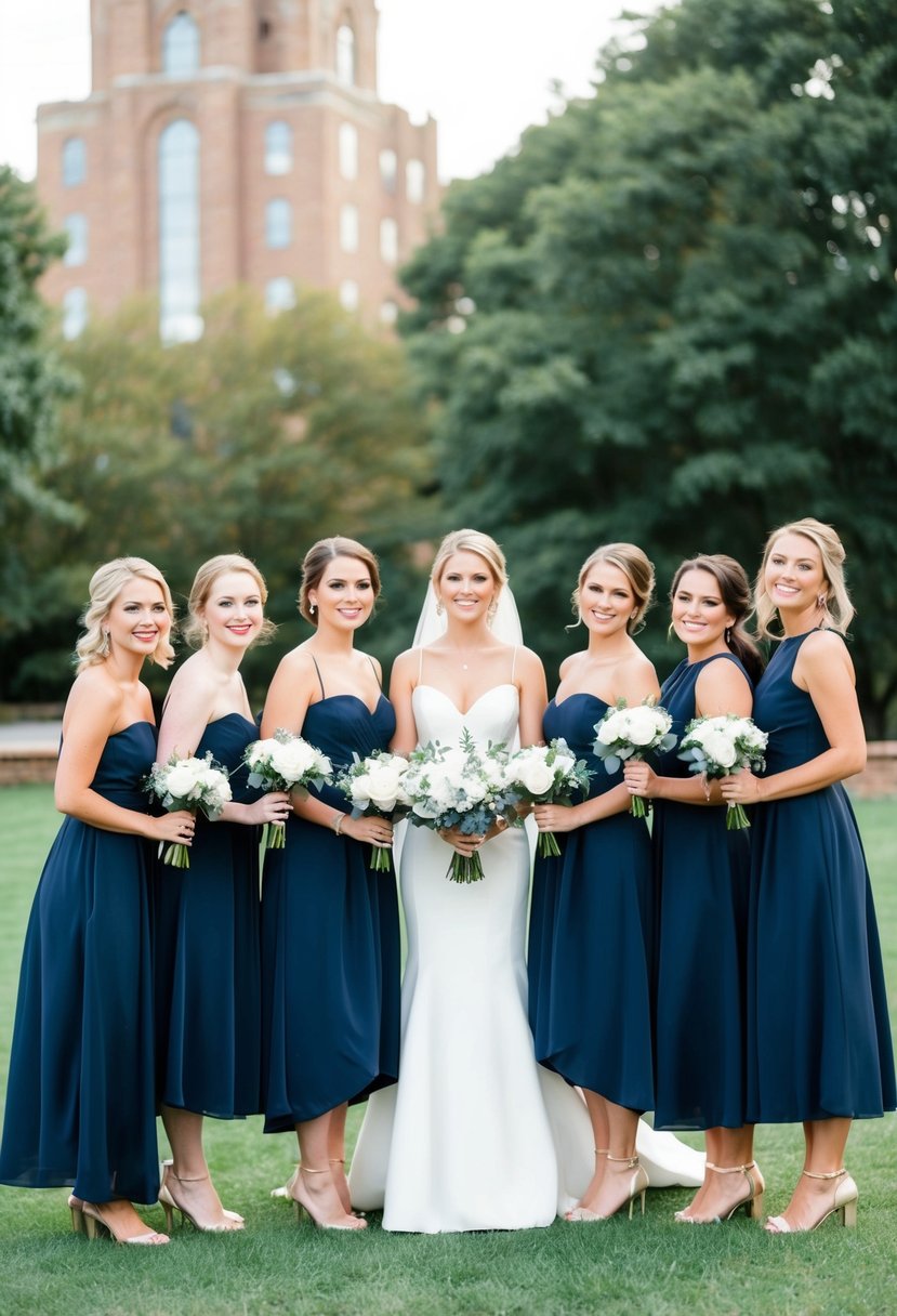 A group of bridesmaids in chic navy dresses, standing in a flattering pose at a navy blue themed wedding