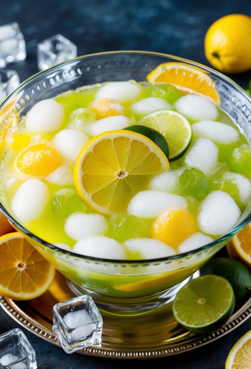 A glass punch bowl filled with swirling sherbet lemon-lime fusion, surrounded by fresh citrus fruits and decorative ice cubes