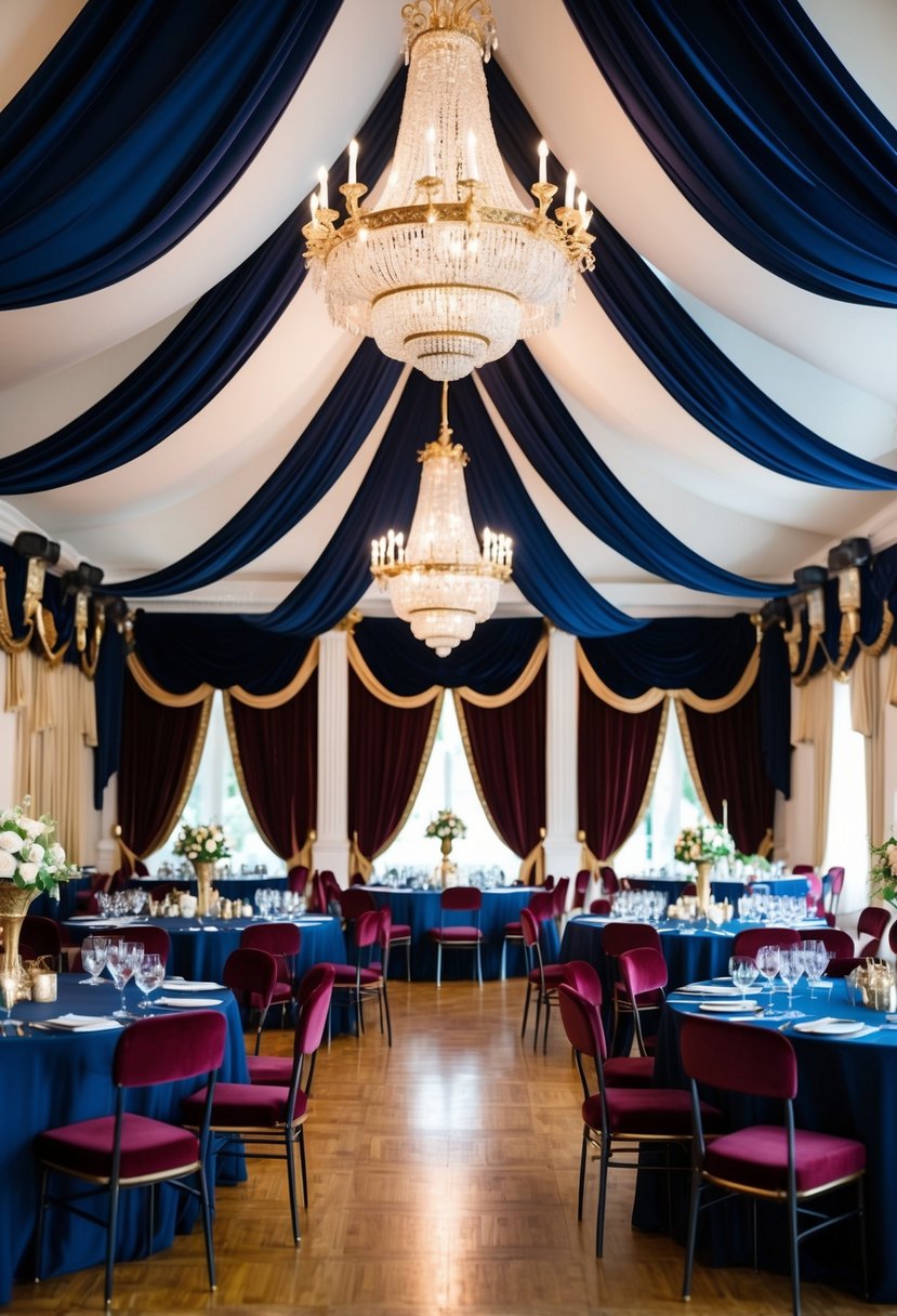 A grand ballroom adorned in navy and burgundy decor, with velvet drapes and gold accents