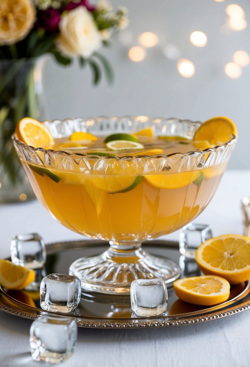 A crystal punch bowl filled with golden wedding punch, surrounded by fresh fruit slices and decorative ice cubes