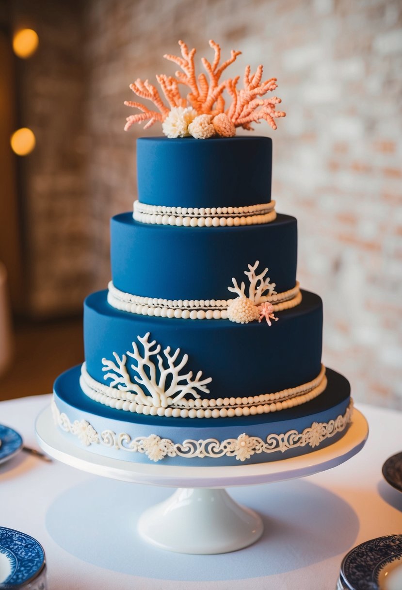 A navy blue wedding cake adorned with coral accents and intricate designs