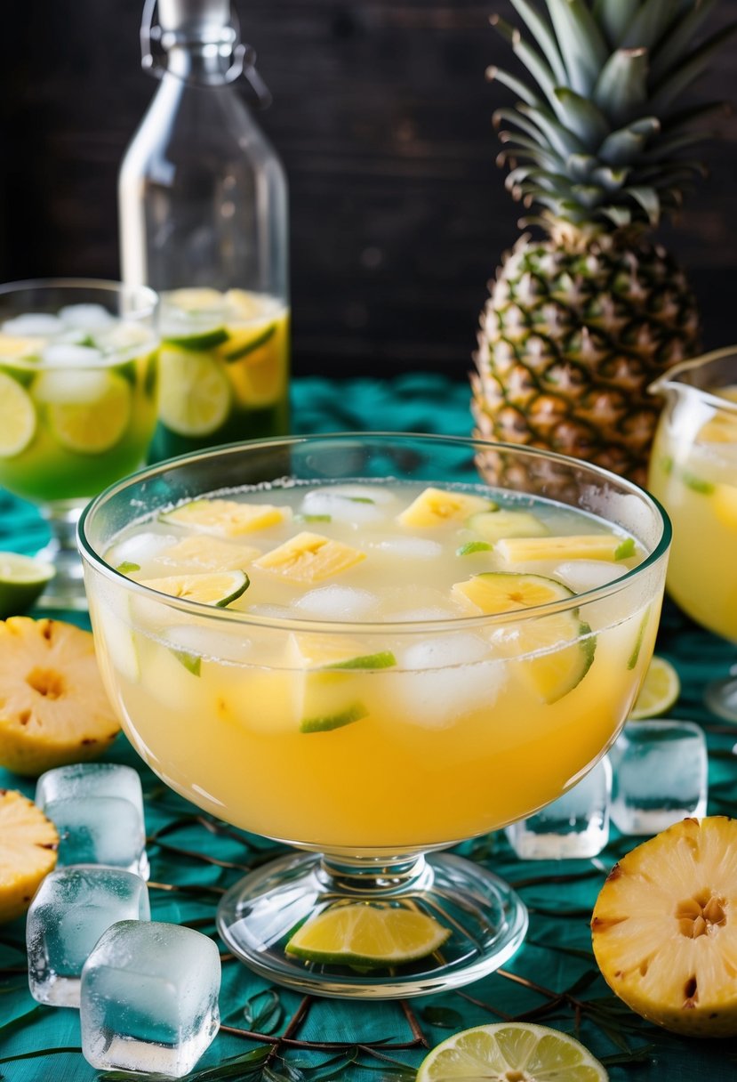 A glass punch bowl filled with pineapple limeade punch, surrounded by sliced fruit and ice cubes on a decorated table