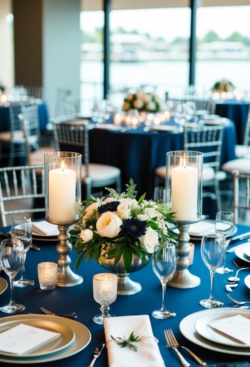 A sleek navy blue and silver wedding table setting with elegant floral centerpieces and shimmering candlelight