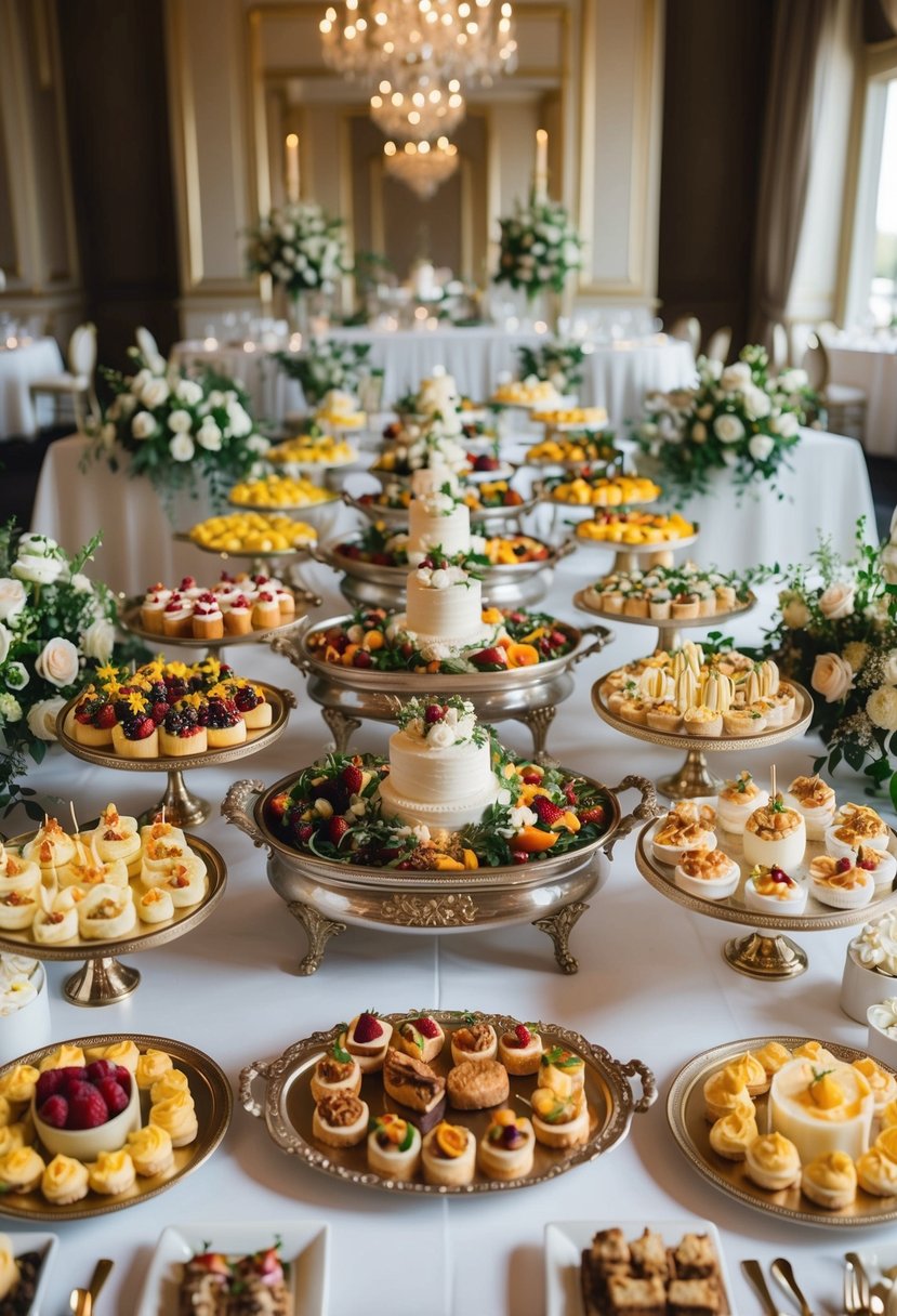 A lavish wedding buffet spread with an array of elegant dishes and desserts, beautifully presented on ornate serving platters and surrounded by floral arrangements