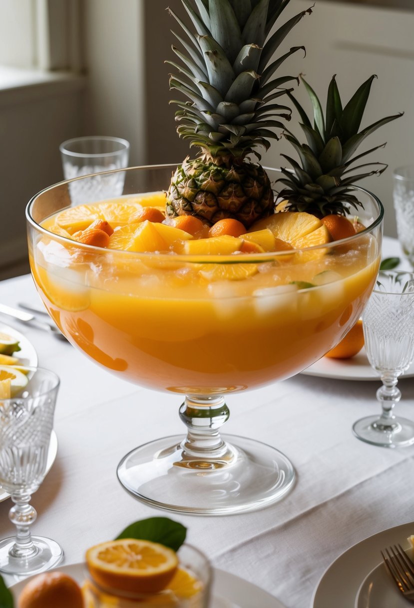 A glass punch bowl filled with a vibrant orange pineapple mix, garnished with fresh fruit and surrounded by elegant glassware on a white linen-covered table