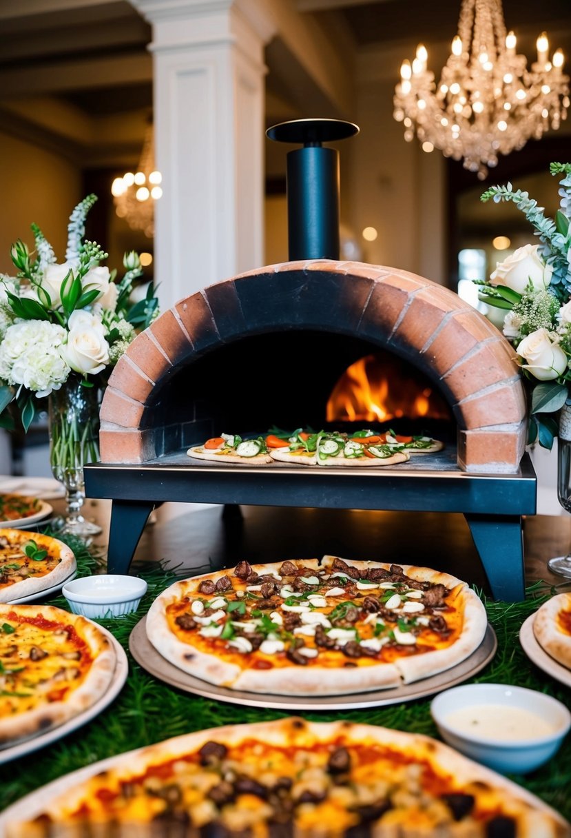 A brick oven pizza buffet with a variety of toppings and sauces, surrounded by elegant wedding decor and floral arrangements