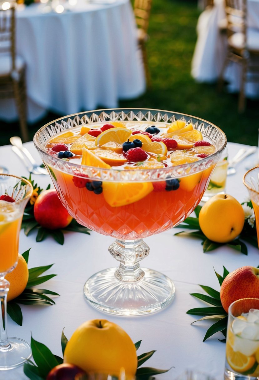 A crystal punch bowl filled with colorful fruit punch, surrounded by fresh fruit and decorative garnishes on a table at a wedding reception