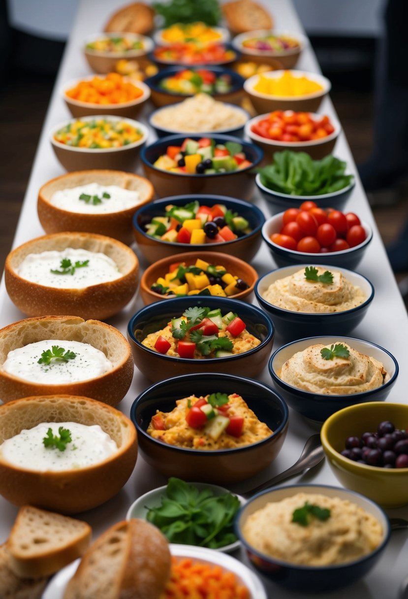 A table filled with bread bowls of various shapes and sizes, surrounded by an array of colorful and appetizing dips