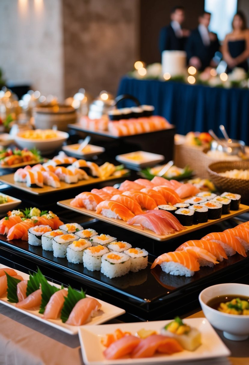 A sushi bar wedding buffet with a variety of fresh sushi rolls, sashimi, and decorative Japanese-inspired table settings