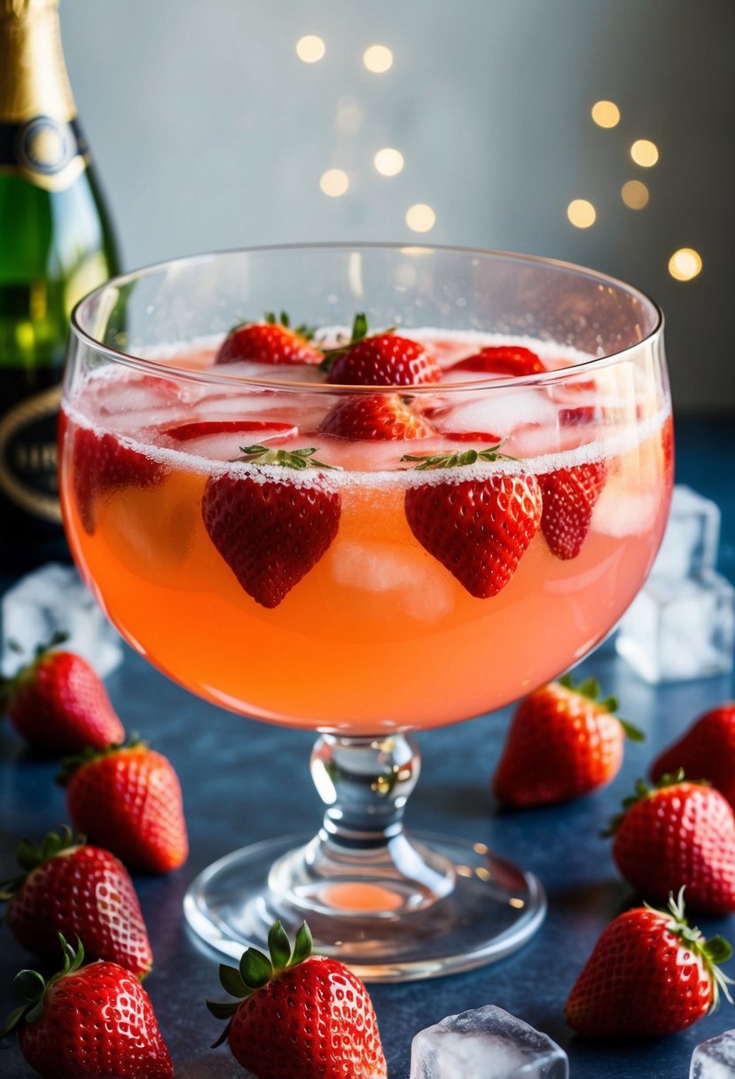 A glass punch bowl filled with sparkling strawberry punch, surrounded by fresh strawberries and ice cubes